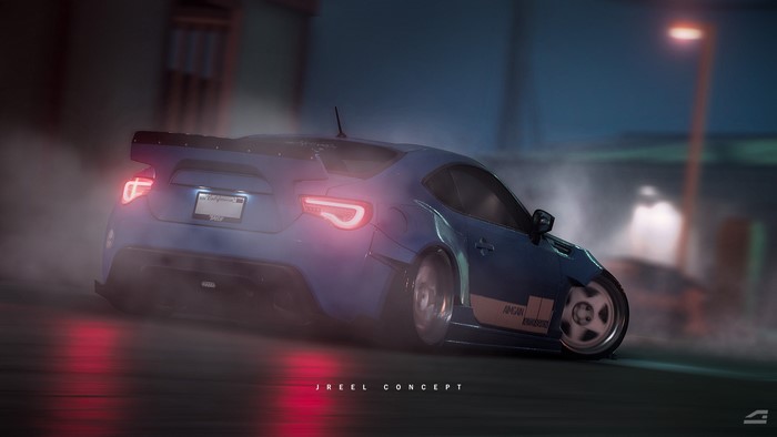 Blue Toyota GT86 drifting at night
