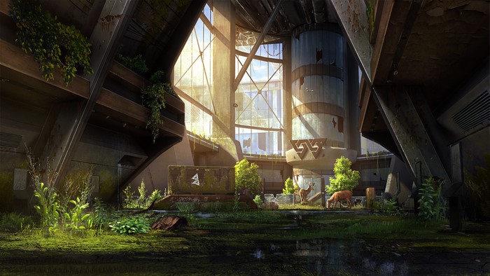 Post-apocalyptic interior with deer and overgrown plants