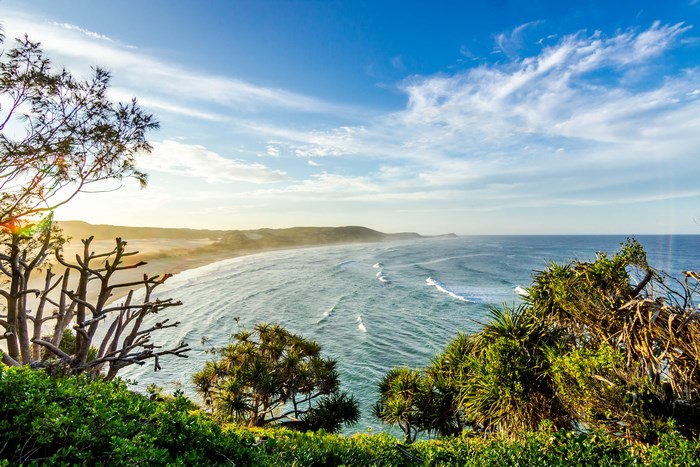Ocean waves crash on a sandy beach with lush green foliage.