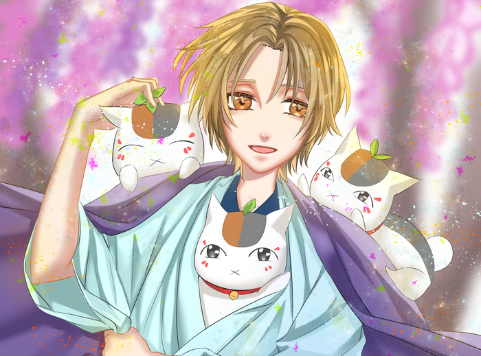 Takashi Natsume with cats from Natsume Yuujinchou