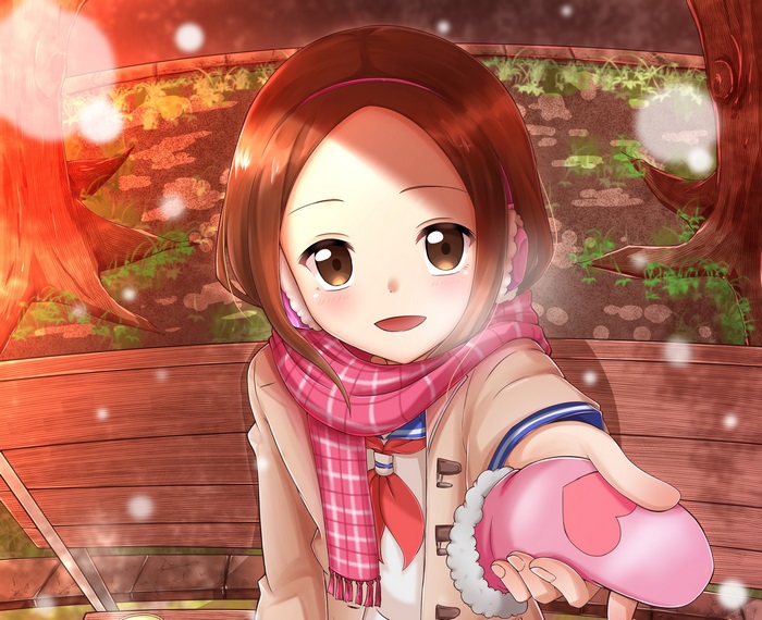 Takagi from Karakai Jouzu no Takagi-san holding a pink hand warmer