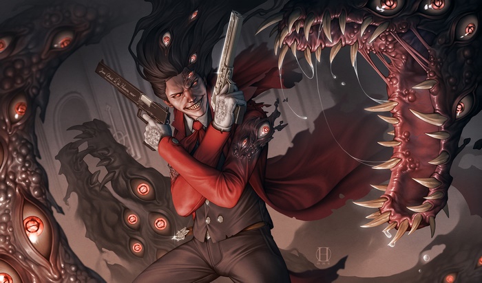 Alucard from Hellsing with guns and monsters