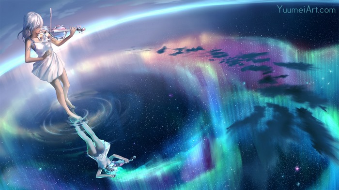 Girl playing violin in a starry sky with aurora