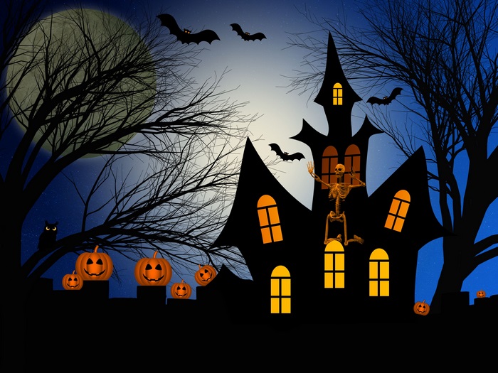 Spooky Haunted House with Skeleton and Full Moon
