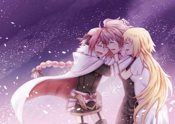 Astolfo, Sieg, and Jeanne d'Arc from Fate Series hugging
