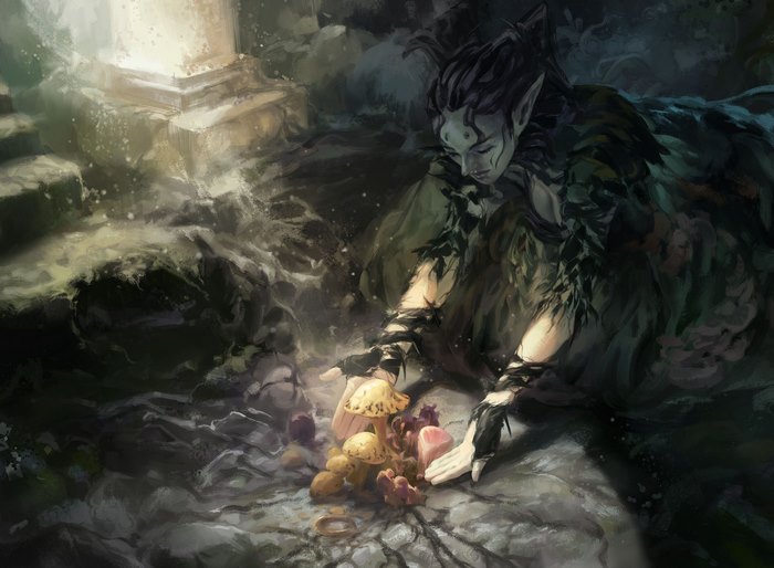 Elf with pointed ears gathering mushrooms