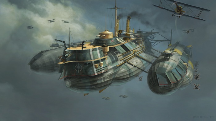 Steampunk airship with biplanes in the sky
