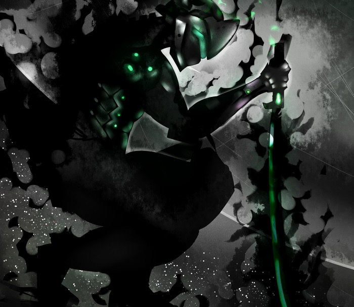 Genji from Overwatch holding a glowing green sword