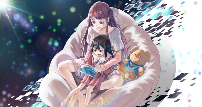 Rin from Shelter reading a book with a teddy bear
