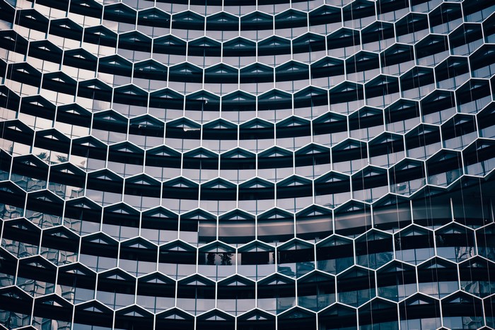 Geometric building facade with hexagonal windows