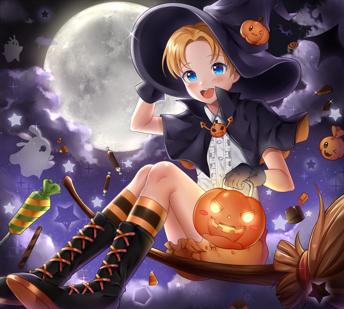 Girl in Witch Costume with Pumpkin on Broomstick