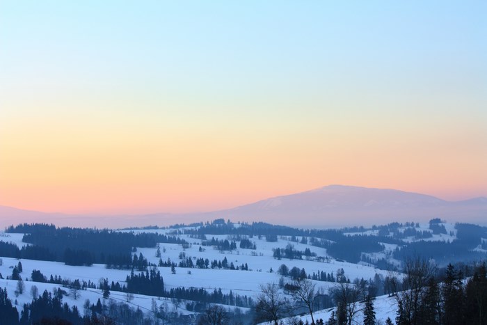 Winter mountain landscape at sunrise with snow and trees