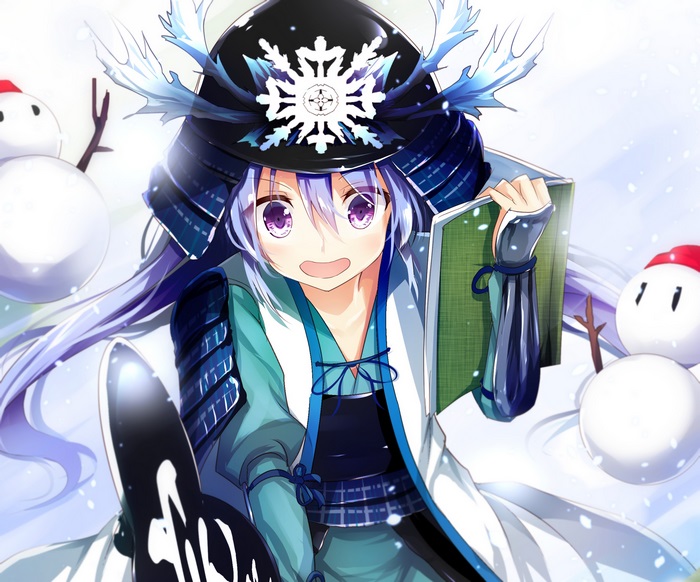 Girl in Samurai Armor with Snowflakes and Snowmen
