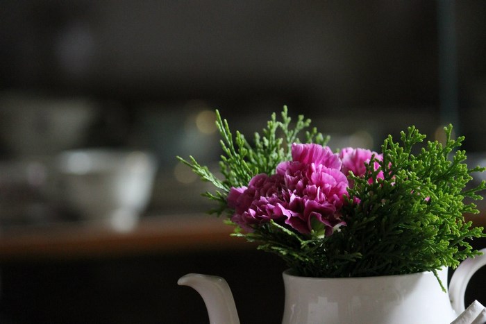 Pink carnations and greenery in a white teapot
