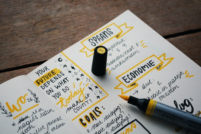 Handlettering journal with goals and markers