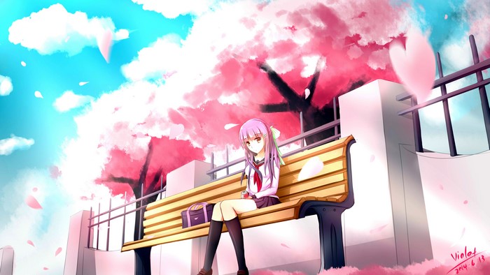 Girl sitting on a bench under sakura blossoms