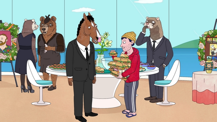 BoJack Horseman characters at a funeral reception