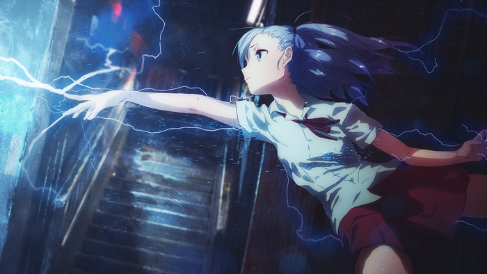 Anime girl with blue hair and lightning