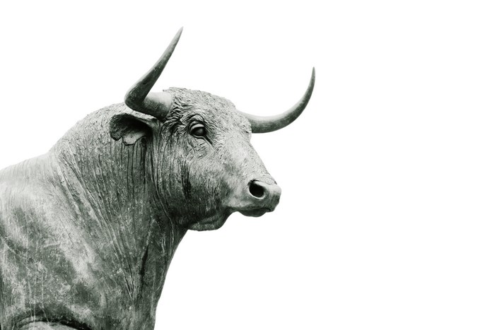 Bronze statue of a bull with large horns
