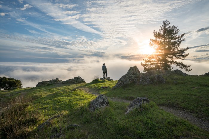 Person standing on a foggy mountain at sunset