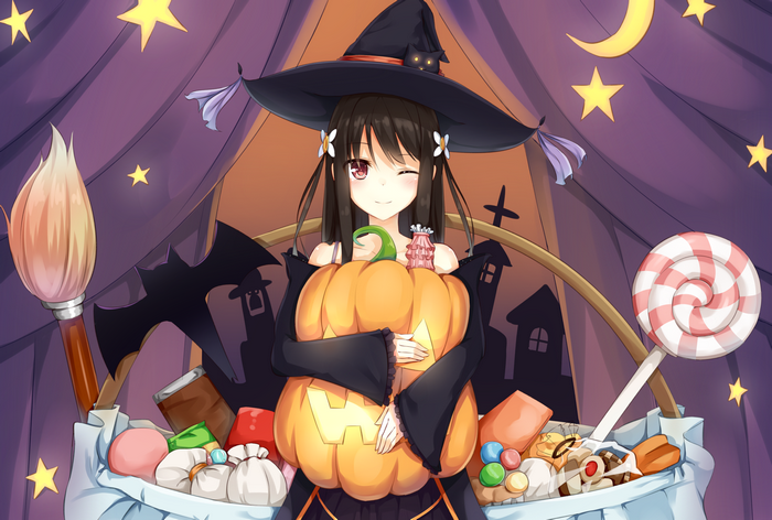 Anime Witch Girl Holding a Jack-o'-lantern with Candy