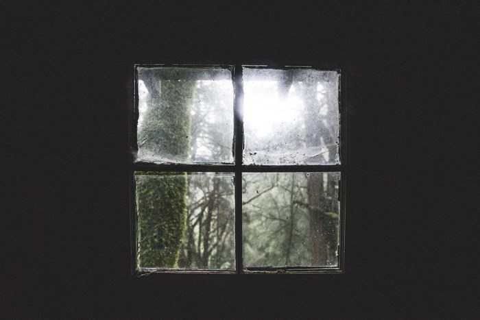 Old dusty window looking out to a foggy forest