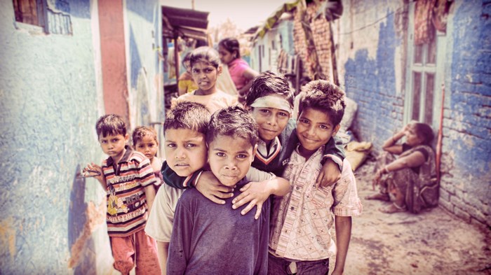 Group of Indian children in a village alley
