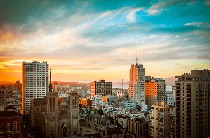 San Francisco skyline at sunset with Golden Gate Bridge