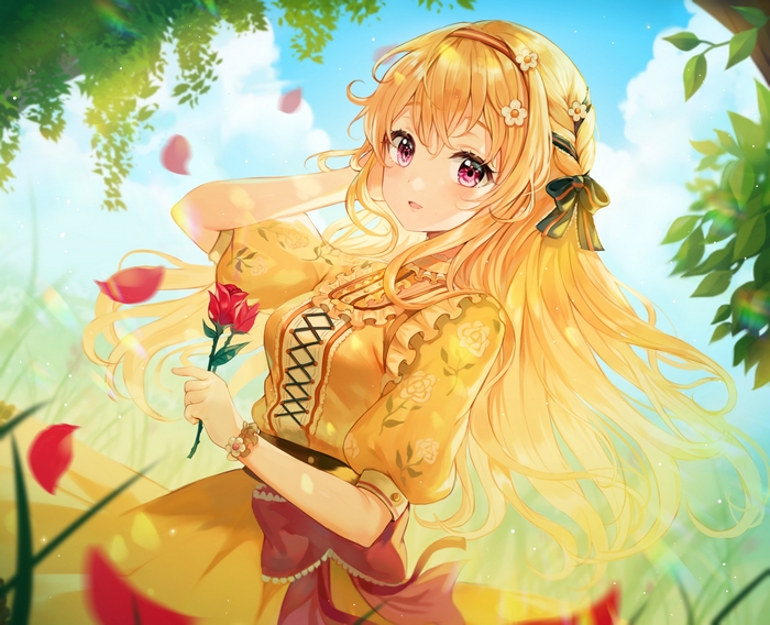 Chisato Shirasagi holding a rose in a garden