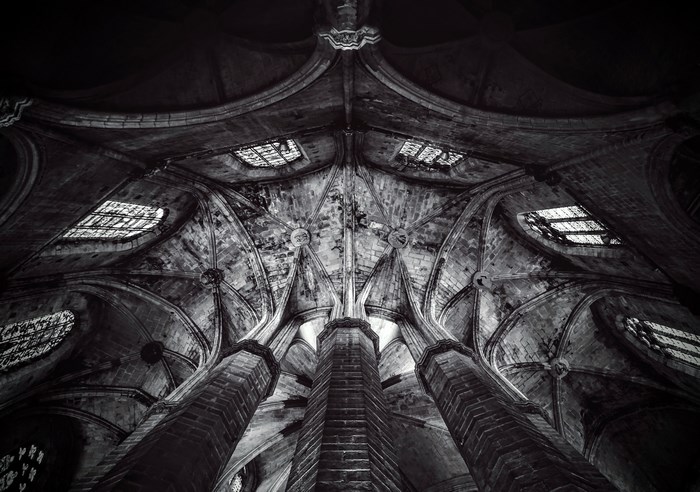 Gothic Cathedral Ceiling with Stained Glass Windows