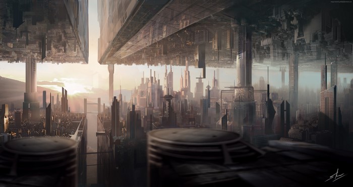 Futuristic city with inverted skyscrapers at sunset