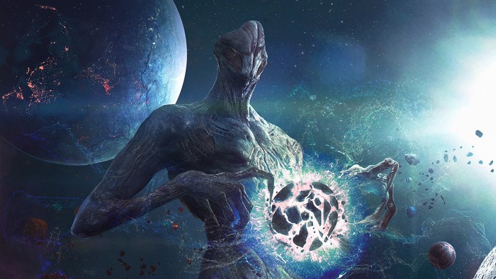 Alien creature manipulating cosmic energy near planets