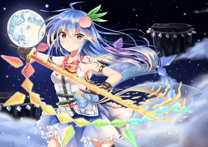 Tenshi Hinanawi with flaming sword under the moon