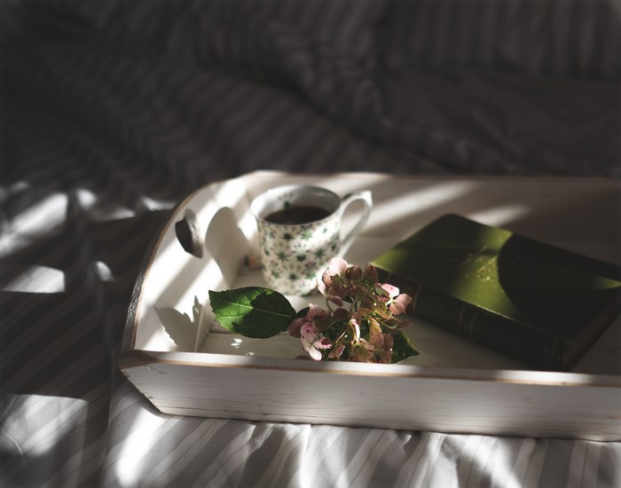 Tray with coffee, book, and hydrangea on a bed
