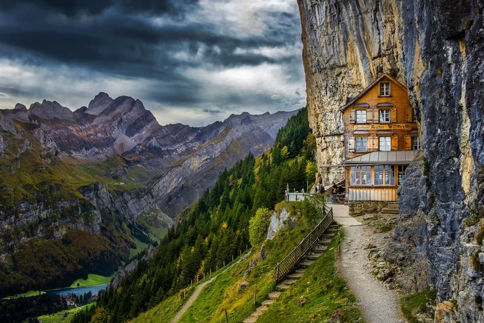 Berggasthaus Aescher-Wildkirchli mountain guesthouse built into a cliff