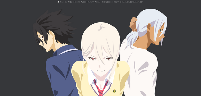 Alice Nakiri, Akira Hayama, and Ryō Kurokiba from Shokugeki no Soma