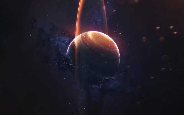 Planet with rings in outer space