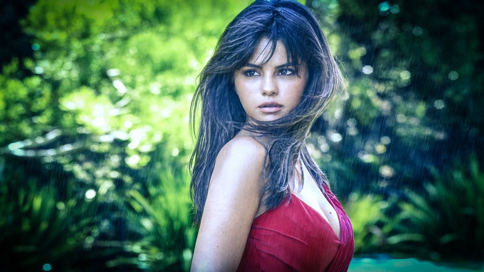 Selena Gomez in Red Dress in Rain