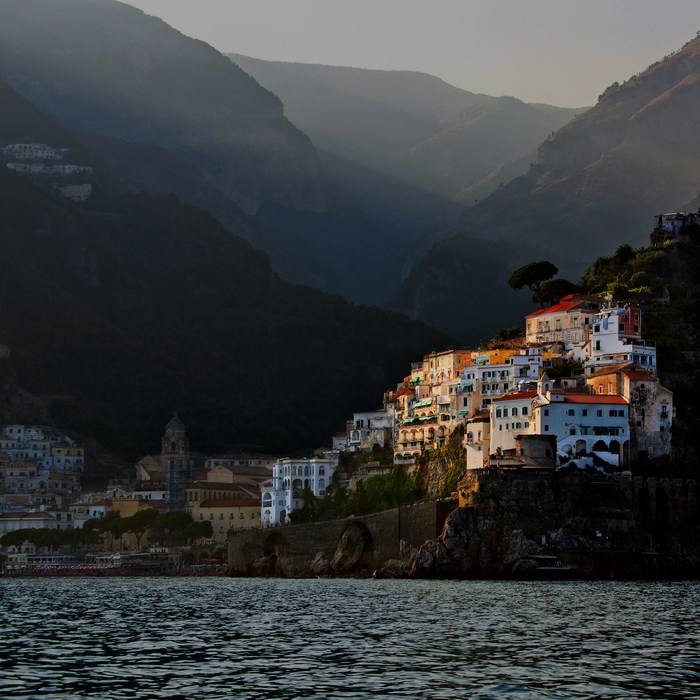 Amalfi Coast town on a steep hillside overlooking the sea