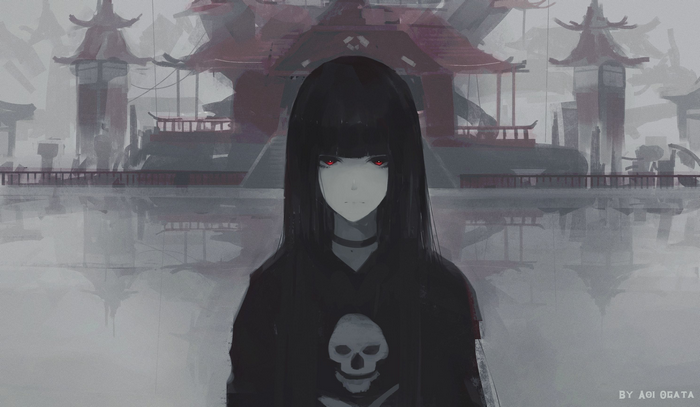 Anime girl with red eyes and skull shirt