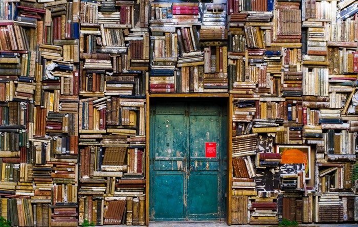 Bookshelf Wall with Central Green Door and Architecture
