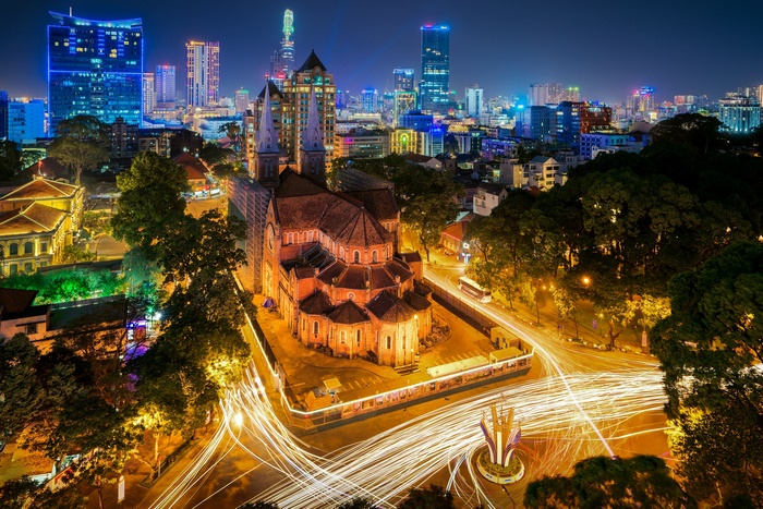Night view of Notre Dame Cathedral, Ho Chi Minh City, Vietnam