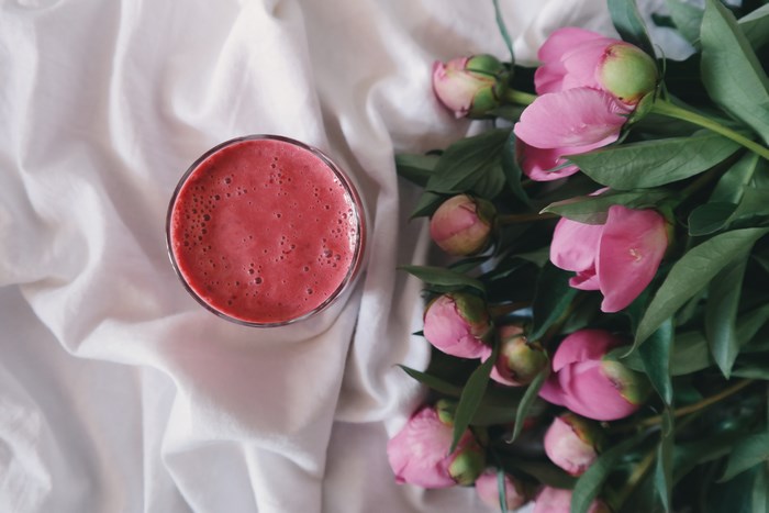 Pink Peonies and a Smoothie on White Fabric