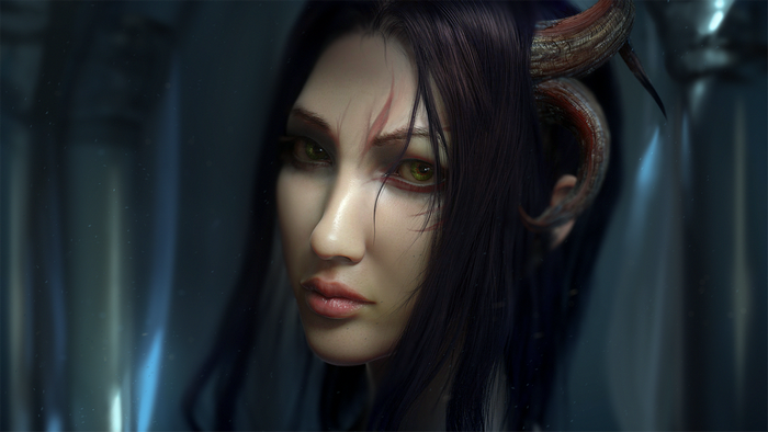 Demon girl with horns and green eyes