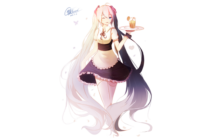 Hatsune Miku as a maid holding a drink