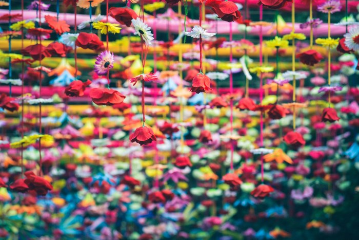 Colorful hanging flowers decoration for a festival