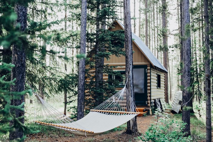 Hammock hangs between trees near a cabin in Yellowstone