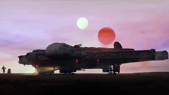 Millennium Falcon with C-3PO and R2-D2 on Tatooine