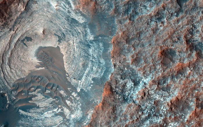 Mars surface with layered rock formations and sand dunes