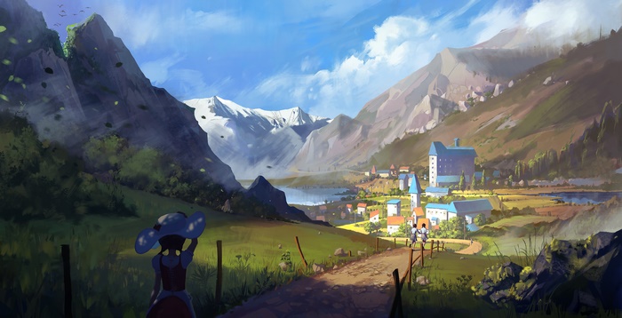 Girl in hat looking at a mountain village